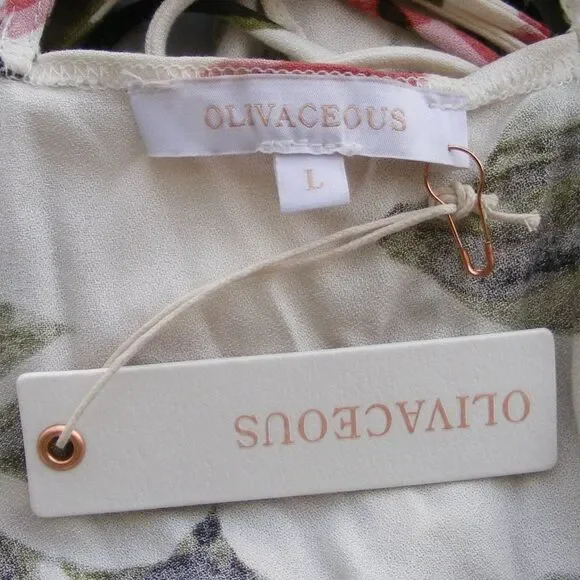 new OLIVACEOUS Mini Dress, L, White Floral, Ruffle, Surplice, Lace-up Back - Picture 12 of 14